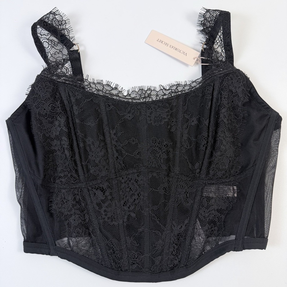Victoria's Secret Dream Angels Lace Mesh Longline Corset Top Black M-DD NWT